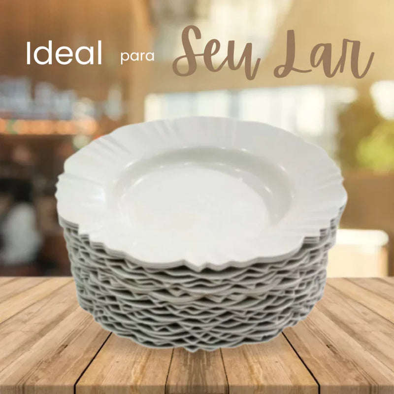 Kit com 10 Prato Fundo com Desenho de Pétala