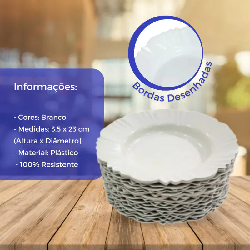 Kit com 10 Prato Fundo com Desenho de Pétala